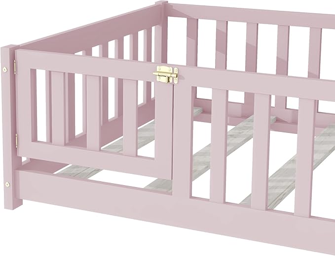 Twin Floor Bed Frame with Slats and Safety Guardrail, Wood Twin Size Montessori Floor Bed with Door and Fence, Easy Assemble Montessori Beds for Kids, Girls, Boys, Pink