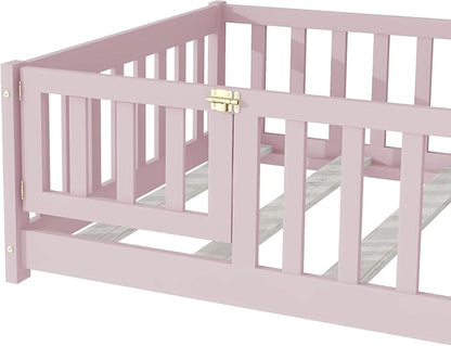 Twin Floor Bed Frame with Slats and Safety Guardrail, Wood Twin Size Montessori Floor Bed with Door and Fence, Easy Assemble Montessori Beds for Kids, Girls, Boys, Pink
