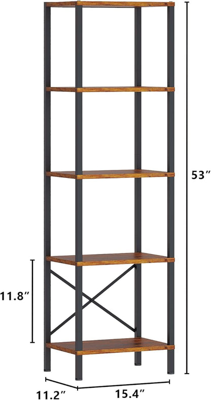 5-Tier Bookshelf, Tall Narrow Bookcase with LED Lights, Book Shelf with Steel Frame, Office Furniture, Display Storage Shelf for Living Room, Bedroom, Study, Balcony, Rustic Brown
