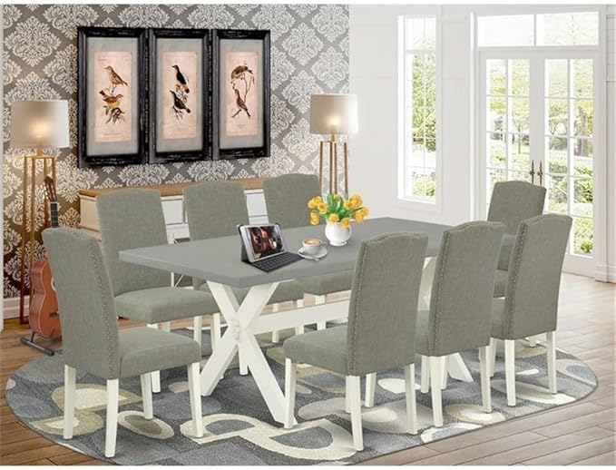 East West Furniture X097EN206-9 9 Piece Kitchen Table Set Includes a Rectangle Dining Table with X-Legs and 8 Dark Shitake Linen Fabric Parson Dining Chairs, 40x72 Inch, Multi-Color