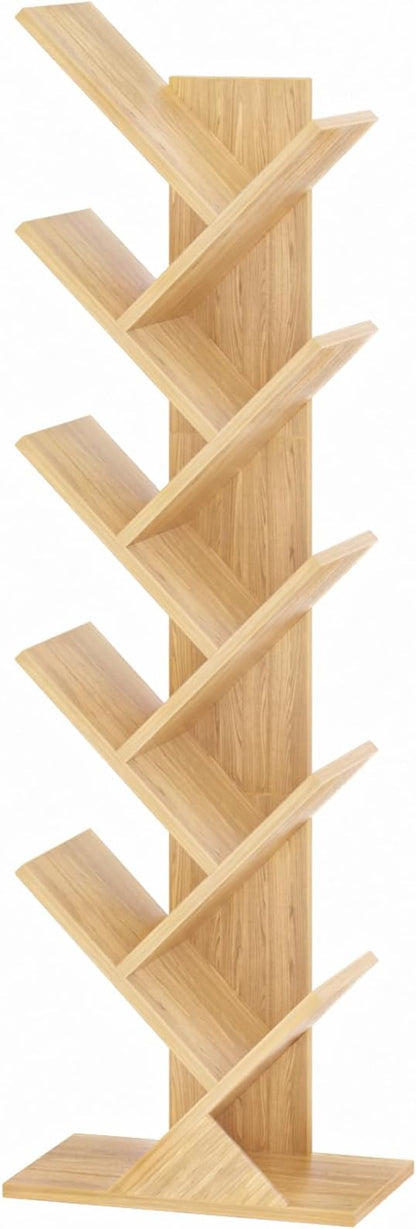 10 Tier Tree Book Shelf, Floor Standing Wood Bookshelf for Narrow Space, Storage Organizer Bookshelves for Books/CDs/Magazine, Bookcase with Shelves for Home Office, Living Room - Natural