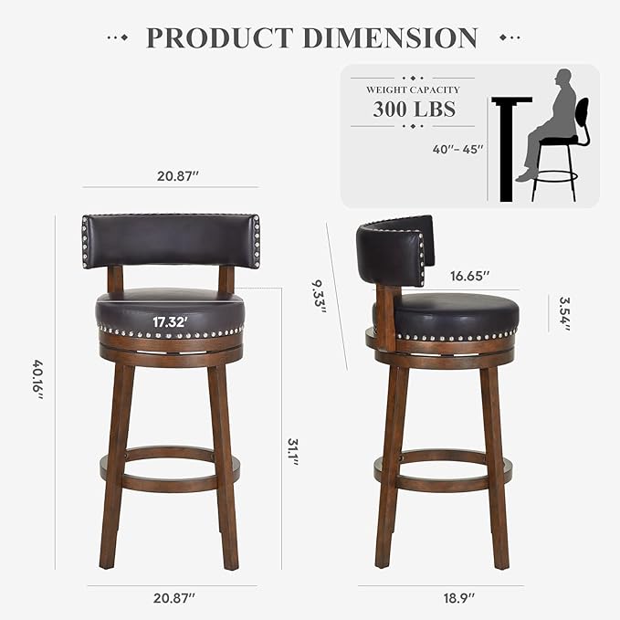 COLAMY Swivel Counter Height Bar Stools Set of 3, 30 Inch Modern Upholstered Kitchen Island Barstools with Back, Wood Swivel Bar Chairs for Counter Bar Dining Room, Dark Brown