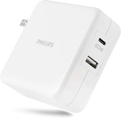 Philips iPhone Charger Fast Charging, 60W USB C 2-Port USB C Charging Block, Foldable Fast Wall Charger for iPhone 16 Series, 15 Series, iPad Pro, White DLP2607Q/37