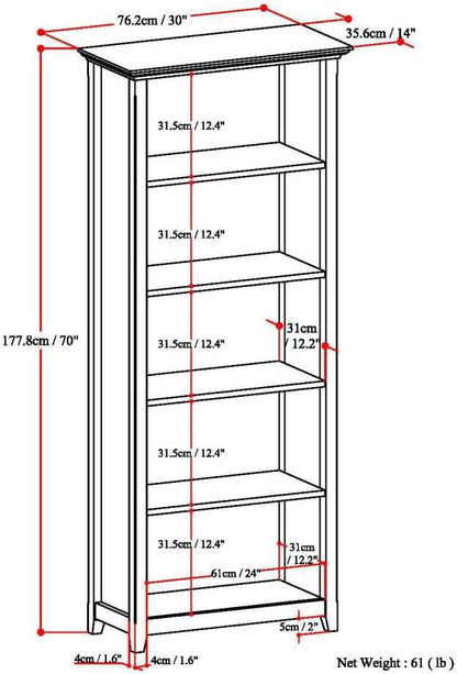 SIMPLIHOME Amherst Bookcase - 70 inch Tall 5-Shelf Solid Wood Bookshelf in Light Golden Brown, Transitional Storage for Living Room, Study Room or Office with Adjustable Shelves and Tapered Legs