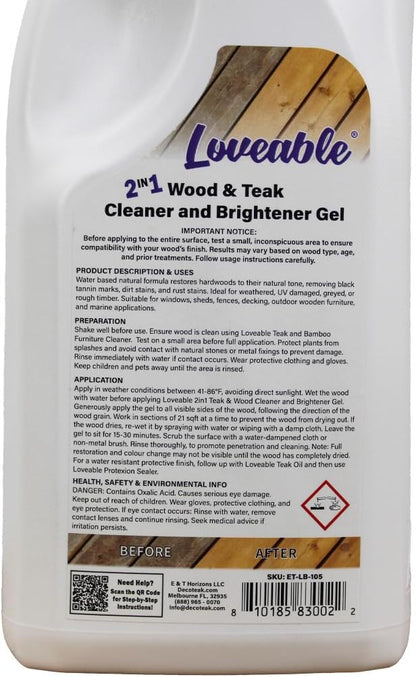 EcoDecors Loveable 2 in 1 Wood & Teak Cleaner and Brightener Gel, 1 L, for Outdoor Use, Cleans, Renews, and Refreshes Outdoor Wood