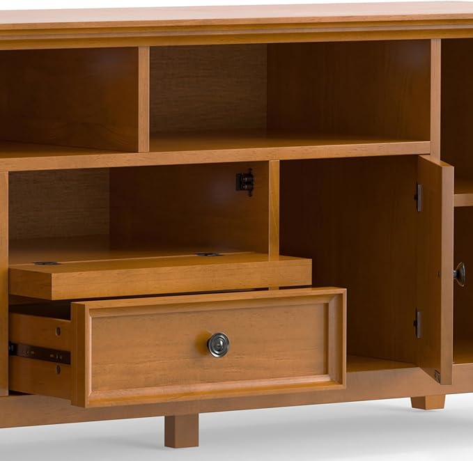 SIMPLIHOME Amherst 72-inch Wide Solid Wood TV Stand in Light Golden Brown, Transitional-Style Media Console for Living Room with Cable Management and Adjustable Shelves, Fits 80" TVs