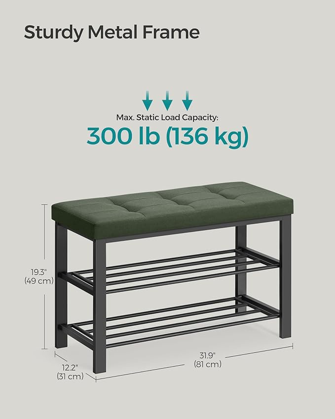SONGMICS Shoe Bench, Storage Bench, Entryway Bench with Cushion, Shoe Shelf with Seat, Space-Saving, Modern Style, for Living Room, Bedroom, Hallway, Forest Green and Ink Black ULBS057C01