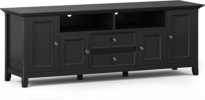 SIMPLIHOME Amherst 72-inch Wide Solid Wood TV Stand in Black, Transitional-Style Media Console for Living Room with Cable Management and Adjustable Shelves, Fits 80" TVs