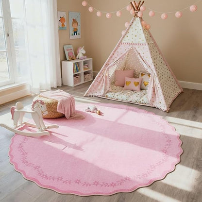 GarveeHome Round Area Rugs 6ft for Bedroom, Solid Pink Washable Circle Rug Soft Non Slip Floral Print Floor Mat Leaves Carpet Indoor Thin Rug for Living Room Dining Room Playroom Nursery