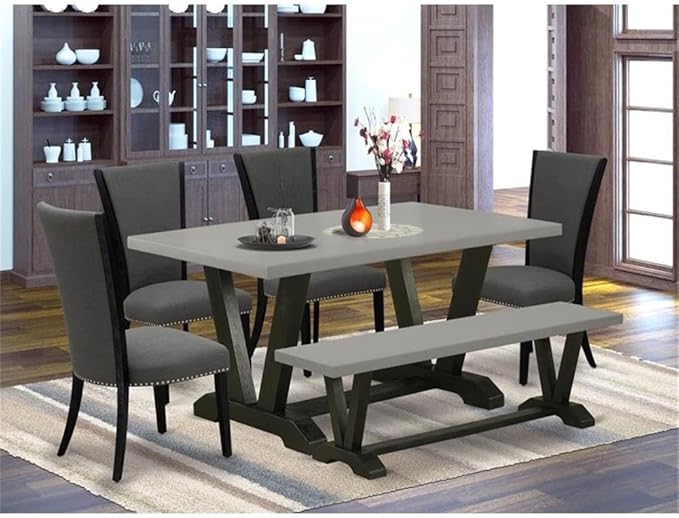 East West Furniture V696VE650-6 6 Piece Dining Set Contains a Rectangle Dining Room Table with V-Legs and 4 Dark Gotham Linen Fabric Upholstered Chairs with a Bench, 36x60 Inch, Multi-Color