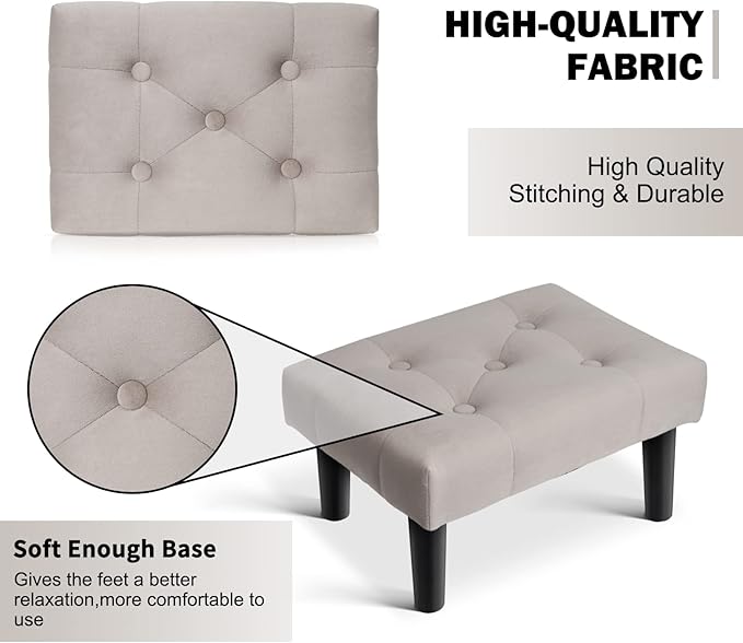 HOUCHICS Small Footstool Ottoman, Velvet Wooden Foot Stool Ottoman with Wood Legs, Sofa Footrest Extra Seating for Living Room Entryway Office(Grey 1PACK)