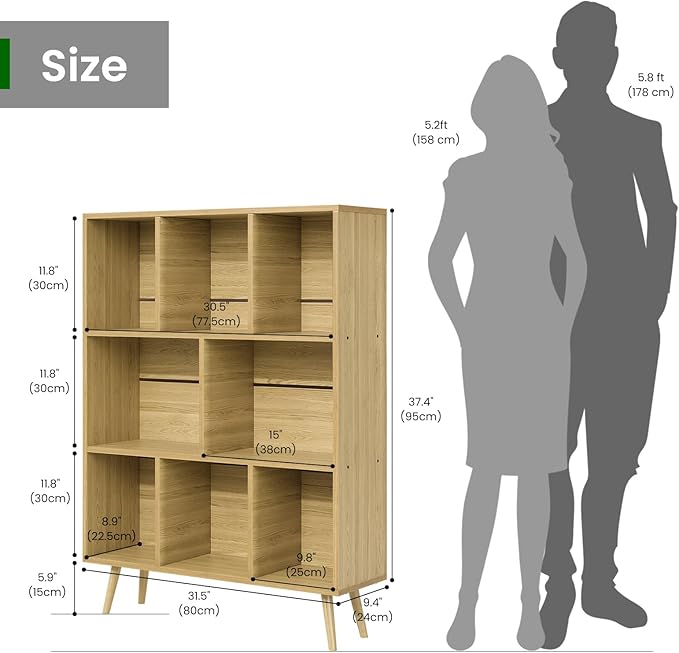 Bookshelf, 3-Tier 8 Cube Open Wooden Book Shelf with Legs, Floor Standing Office Bookcase, Wooden Bookcase for Office Furniture, Cubby Storage Organizer for Living Room/Bedroom