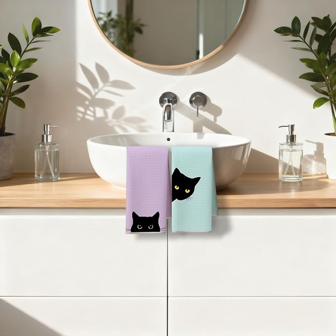 Preppy Black Cat Kitchen Dish Towels, Black Cat Gifts for Women, Dopamine Cute Kitty Kitten Decorative Hand Tea Towels for Bathroom Kitchen, 16x24 Inches Set of 3