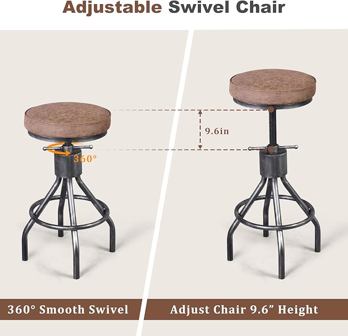 Industrial Bar Stools Swivel Pu Seat Vintage Kitchen Island Counter Stool 23-33inch Height Adjustable Rustic Shop Chair (Set of 2)