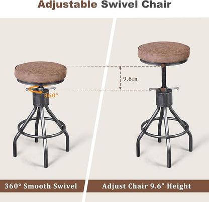 Industrial Bar Stools Swivel Pu Seat Vintage Kitchen Island Counter Stool 23-33inch Height Adjustable Rustic Shop Chair (Set of 2)