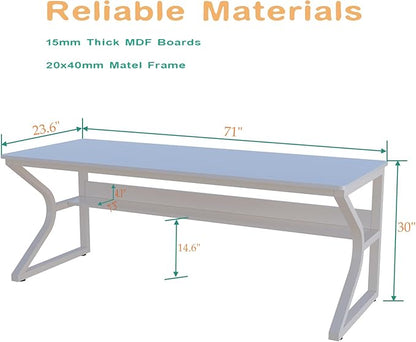 Extra Long Desk with Bookshelf - 71" Double Long Writing Table for 2-Person Workstation, Modern Study Work Computer Desk for Home and Office, Warm White