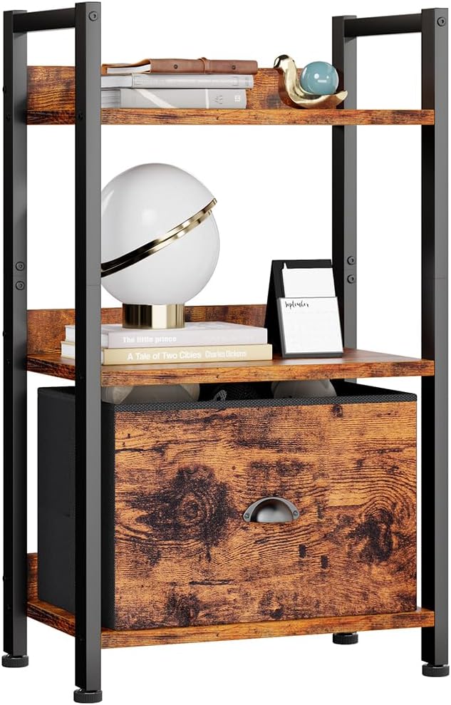 Furologee 3 Tier Bookshelf with Drawer, Small Bookcase with Shelves, Short Wood and Metal Bookshelf Storage Organizer, Industrial Freestanding Shelf Units for Bedroom, Living Room, Dorm, Rustic Brown