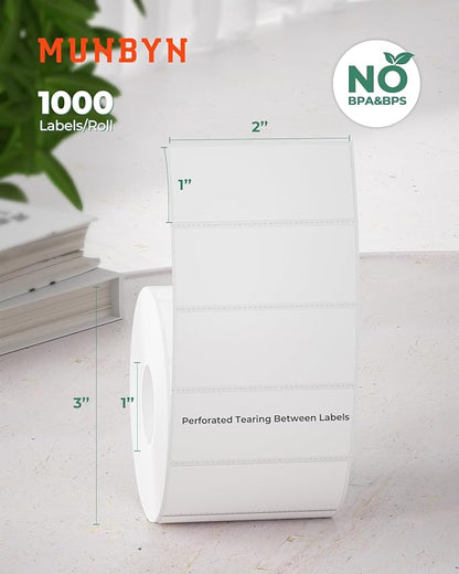 MUNBYN 2x1 Inch Thermal Sticker Labels, Address Barcode Self-Adhesive Label Paper for Direct Thermal Printer and Business, Shipping Mailing Name Rectangle White Stickers, 12000 Sheets/12 Rolls