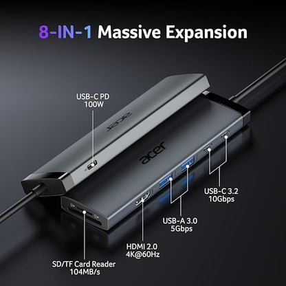 Acer 8 in 1 USB C Hub 10Gbps, USBC to HDMI Adapter 4K@60Hz, 2×USB-C 3.2, 2×USB A 3.0 Data Transfer, 100W PD Port Type C Multiport Splitter with SD/TF Card Reader, for Laptop, PC, Desktop, iPad Pro