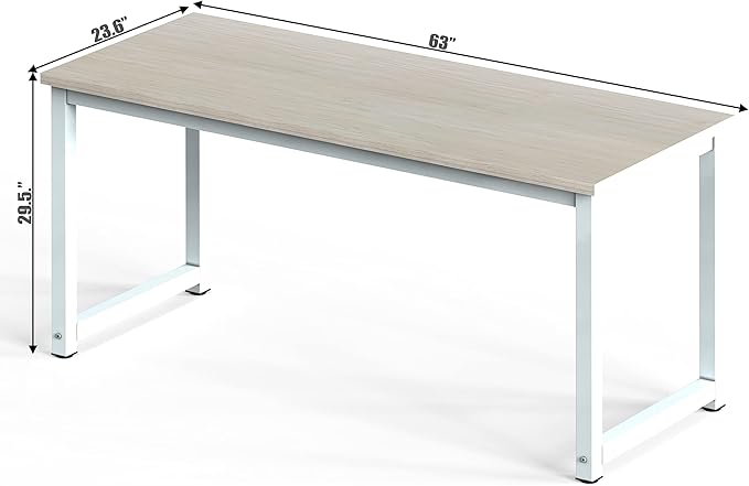 NSdirect Large Office Desk for Home Office, Large 63" Computer Desk Table, Wide Writing Study Desk for 2 Person, Metal Sturdy Frame Thicker Steel Legs, (White Oak, 63"L x 23.6"W x 29.5"H)