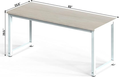 NSdirect Large Office Desk for Home Office, Large 63" Computer Desk Table, Wide Writing Study Desk for 2 Person, Metal Sturdy Frame Thicker Steel Legs, (White Oak, 63"L x 23.6"W x 29.5"H)