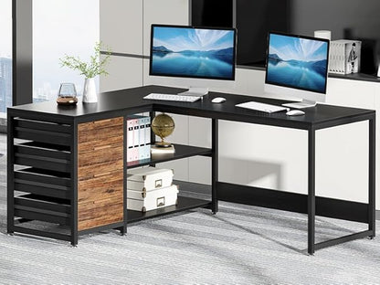 Tribesigns L Shaped Computer Desk with Storage Drawers, 59 inch Corner Desk with Shelves, Reversible L-Shaped Office Desk Study Writing Table Workstation for Home Office, Black