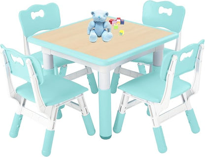 FUNLIO Kids Table and 4 Chairs Set, Height Adjustable Toddler Table and Chair Set for Ages 3-8, Easy to Wipe Arts & Crafts Table, for Classrooms/Daycares/Homes, CPC & CE Approved (5-Piece Set) - Green