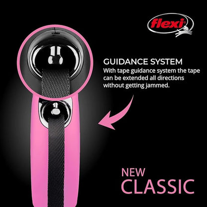 FLEXI New Classic Tape Retractable Dog Leash for X-Small Dogs Upto 26 lbs. – 10 ft., Pink | Tangle Free Pet Walking Leash with One-Handed Brake, Pause, Lock|German Quality Product