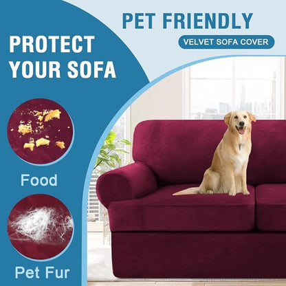 H.VERSAILTEX Sofa Cover 3 Piece T Cushion Loveseat Slipcovers Thick Velvet Couch Cover Furniture Protector Stretch T Cushion Sofa Covers for 2 Cushion Couch with 2 T Cushion Covers Washable, Burgundy