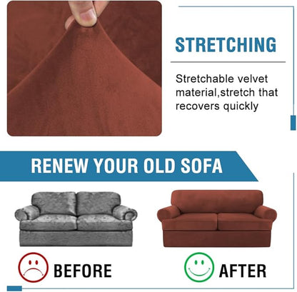 H.VERSAILTEX Sofa Cover 3 Piece T Cushion Loveseat Slipcovers Thick Velvet Couch Cover Stretch T Cushion Sofa Covers for 2 Cushion Couch with 2 Individual T Cushion Covers Washable, Rust
