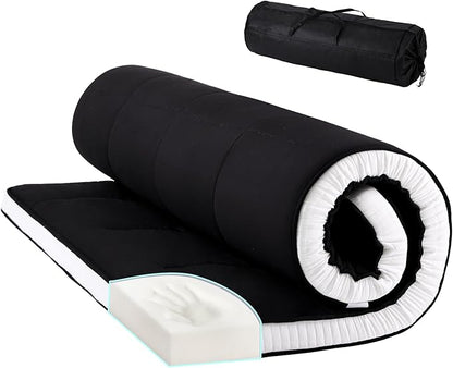Tiita Floor Mattress Memory Foam Mattress Topper, 4" Thicken Futon Mattress with Storage Bag and 2 Straps, Portable Roll Up Travel Car Camping Mattress Sleeping Pad Full Size, Black