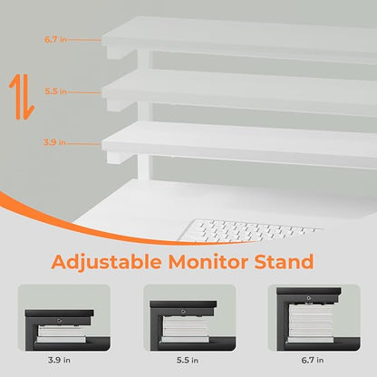 Computer Desk with Adjustable Monitor Stand, 39.4 in Small Desk with Reversible Storage Shelves, Office Desk with Spacious Desktop Spaces for Home Bedroom Workstation, White