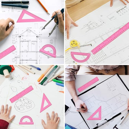 Plastic Clear Ruler Math Set, 6" | 12" Straight Ruler Protractor, 2 Protractors 180 Degree 2 Triangle Rulers 45 | 60 Degree 2 Straight Rulers Measuring Tool for School Office Home Supplie,Pink