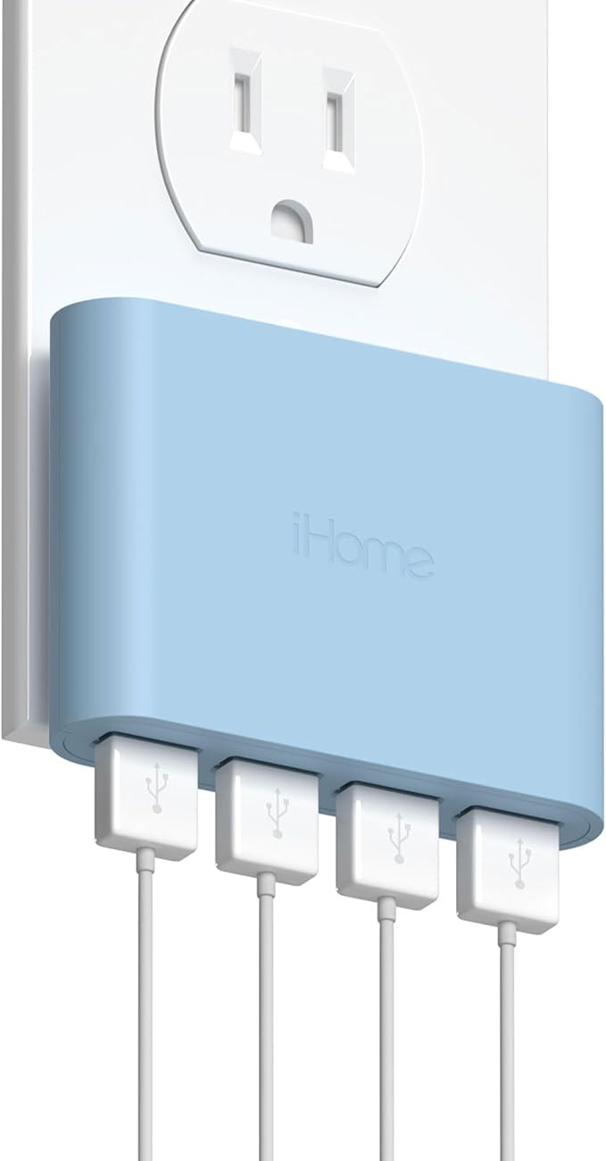 iHome Slim 4-Port USB Wall Charger, AC Pro Multiport Plug Adapter, Phone Charging Block with 4 Ports, Flat USB Wall Adapter for Home & Travel
