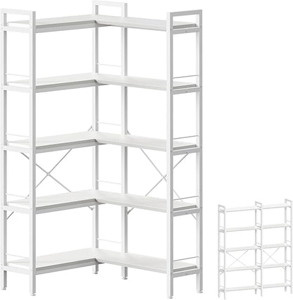 Huuger 5 Tier Bookshelf, L Shaped Corner Bookshelf with 10 Open Shelves, 49.4 Inch Straight Wide Bookcase with Metal Frame and Wooden Board, Adjustable Feet, White