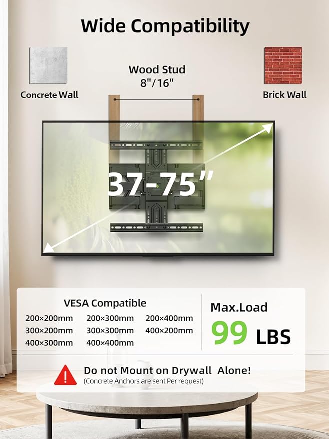 USX MOUNT Ultra Slim TV Wall Mount 37-75 Inch TVs Mount with Swivel and Tilt, Low Profile Full Motion Bracket with Articulating Dual Arms, Up to VESA 400X400 mm Max 16" Wood Studs, Holds 99lbs