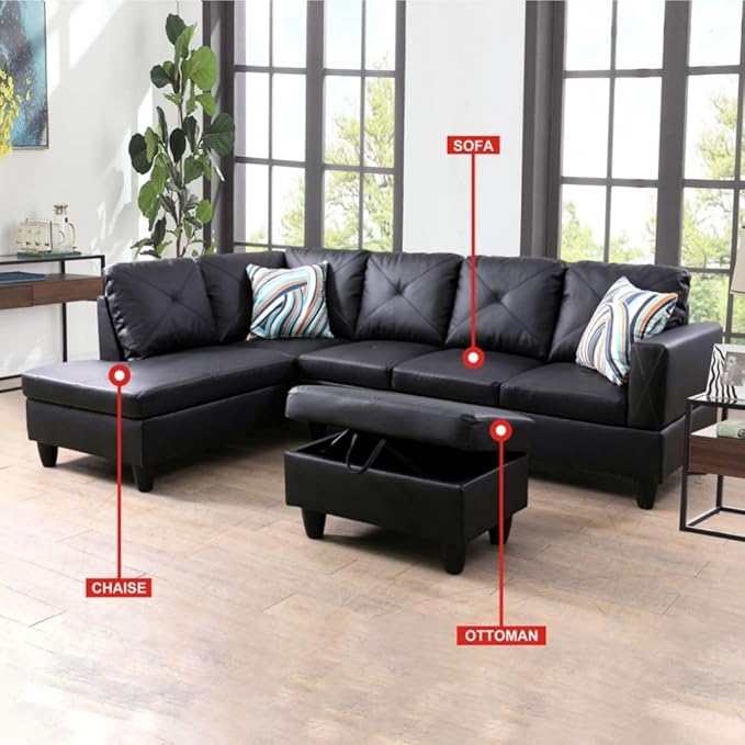 Black L-Shaped 3-Piece Faux Leather Sofa with Storage Ottoman Set, Sectional Couch Sofa Set for Living Room, Office, Small Space