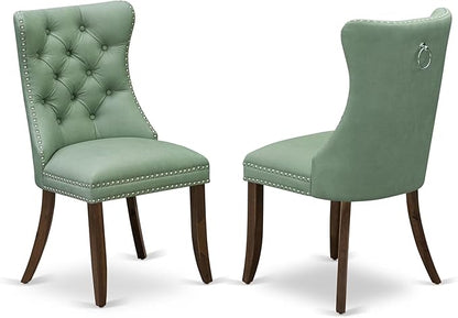 LEDA9-AWA-22 9-Piece Modern Dining Table Set Includes a Kitchen Table and 8 Willow Green Polyester Fabric Dinner Chairs with Button Tufted Back - Antique Walnut Finish