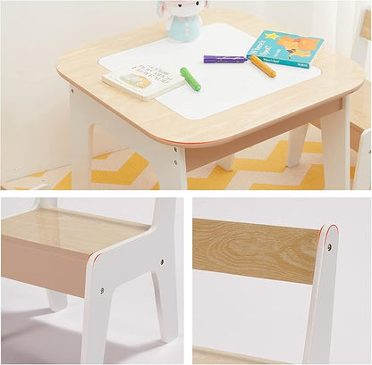 Toffy & Friends Wooden Storage Table and Chairs Set, White, 3-Piece Set, Ideal for Children's Learning, Activity Table or Dining