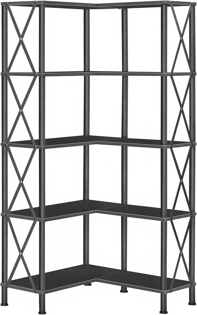 HOOBRO Corner Bookshelf, 5-Tier L-Shaped Bookcase, Industrial Open Display Shelf Tall Storage Organizer, Vertical Storage Rack, for Living Room, Home Office, Black BB60SJ01
