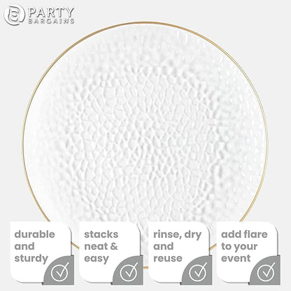PARTY BARGAINS 13-Inch Charger Plates - 4 Pack, Hammered Clear Gold Rim, Heavy-Duty Disposable Chargers for Elegant Dining - Ideal for Weddings and Formal Events