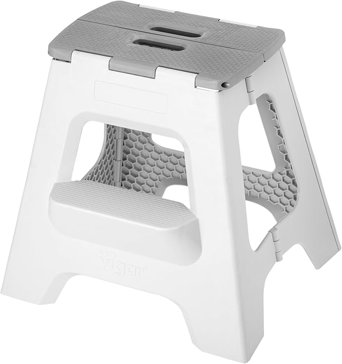 Vigar Compact Step Stool Foldable, 16-inch Two-Step Stools for Adults up to 330 Pound, Lightweight Stool, Non-Slip Folding Step Stool, Gray