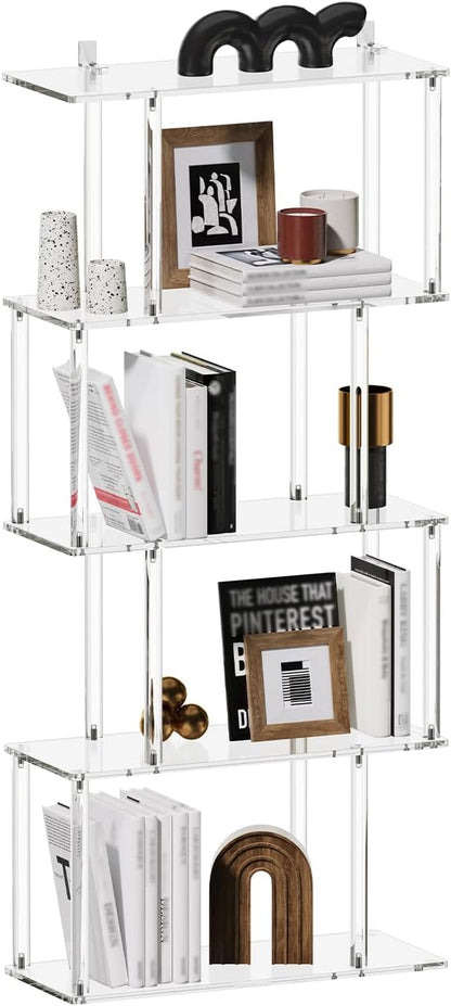 Acrylic Geometric Bookshelf, 5-Tier Clear S Shaped Bookcase, Modern, Unique Book Shelf for Living Room, Bedroom, Office, 9.3" D x 22.4" W x 49.2" H, Easy Assembly
