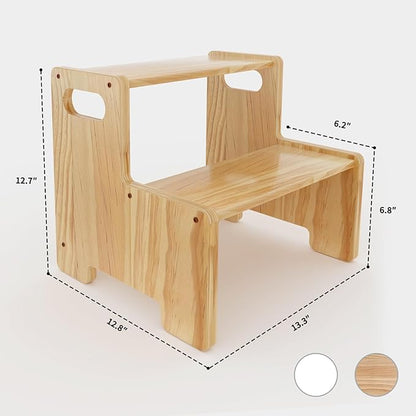 Wooden Step Stool for Kids/Adults,Supports 300 lbs Kids Toddler Stepping Stool for Toilet/Kitchen/Bed,White 2 Packs