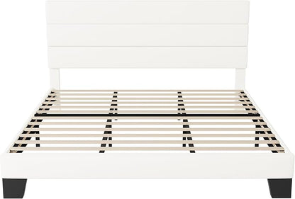 Allewie King Size Platform Bed Frame with Velvet Upholstered Headboard and Wooden Slats Support, Fully Upholstered Mattress Foundation/No Box Spring Needed/Easy Assembly, White