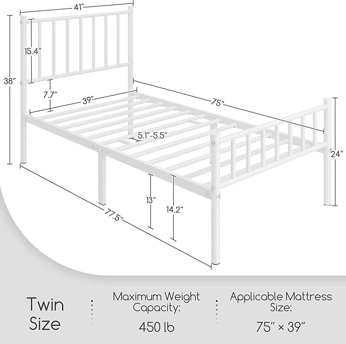 Yaheetech Twin Size Bed Frame Metal Platform Mattress Foundation with Spindle Headboard & Footboard/No Box Spring Needed/14 Inch Underbed Storage/Firm Support Easy Set up Structure, White