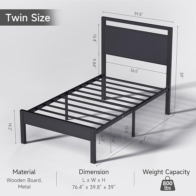 Z-hom Upgraded Twin Bed Frames, Heavy Duty Metal Sturdy Bed Frame Twin Size with Modern Wood Headboard & Footboard, Stable Platform Bed Furniture Bed Storage, No Noise, No Box Springs, Black