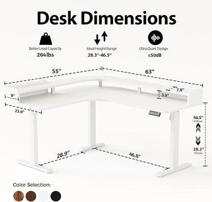 Agilestic L Shaped Standing Desk, Corner Desk with Monitor Shelf, Adjustable Height Gaming Table, Sit Stand Up Table, 63 x 55 Inch Home Office Computer Workstation, Splice Board, White