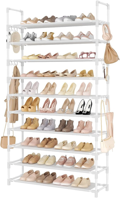 Tall Shoe Rack 10 Tier Shoe Organizer Large Shoe Shelf with 18 Hooks Storage for 50 Pair Sneaker and Boot, Stackable Vertical Shoe Rack Organizer for Closet, Entryway, Bedroom, White
