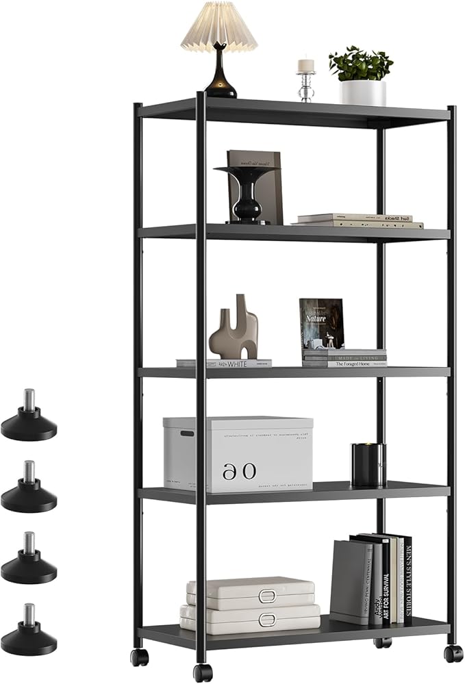 ZZL 5 Tier Large Bookshelf 31.49" Width,Tall Book Shelf Storage and Organization w/Wheels,Industrial Book Shelves for Home Office,Bedroom,School,Living Room(Black)